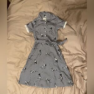 Fun Striped Crane-print Dress with Tie (P-2)